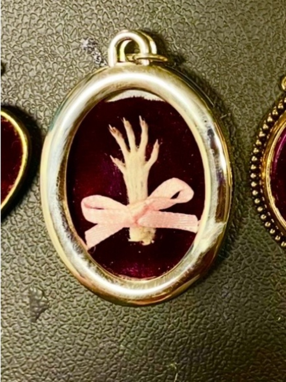 Silver Tone Mouse Paw Oval Mourning Pendant with Red Velvet and Pink Ribbon